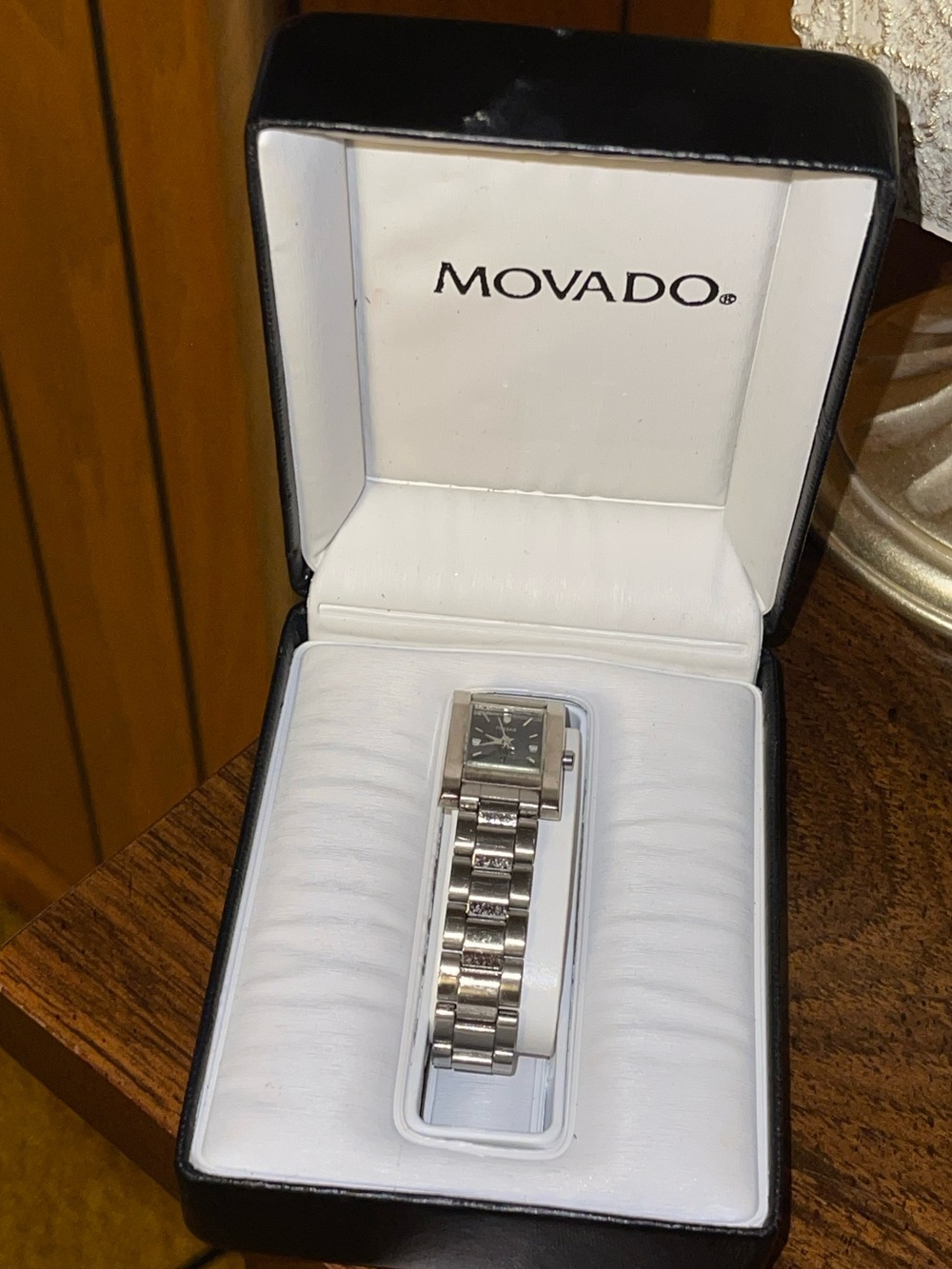 Movado Silver-Tone Bracelet Watch with Black Dial